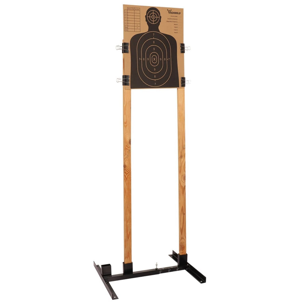 Highwild cardboard shooting target mounted on a wooden stand, black bullseye rings