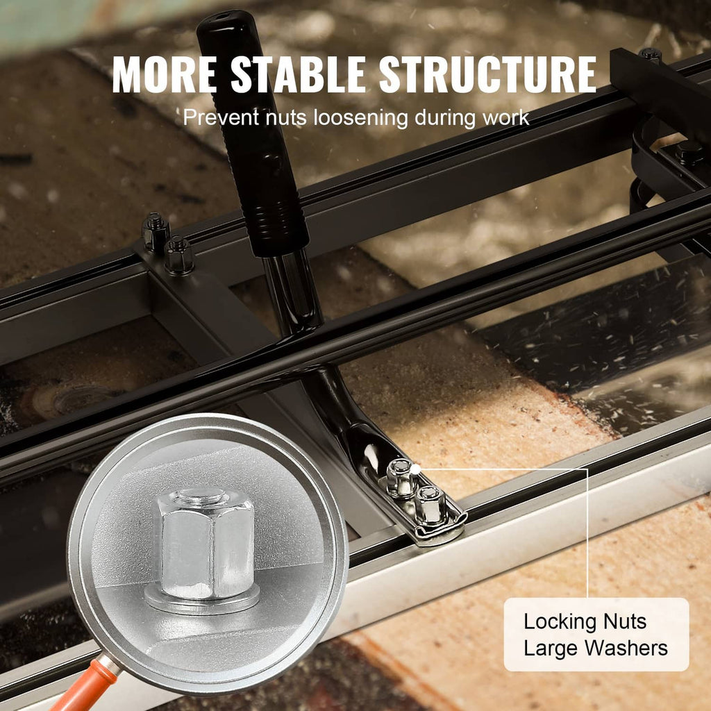 Chainsaw mill guide rail with locking nuts and large washers, silver metal