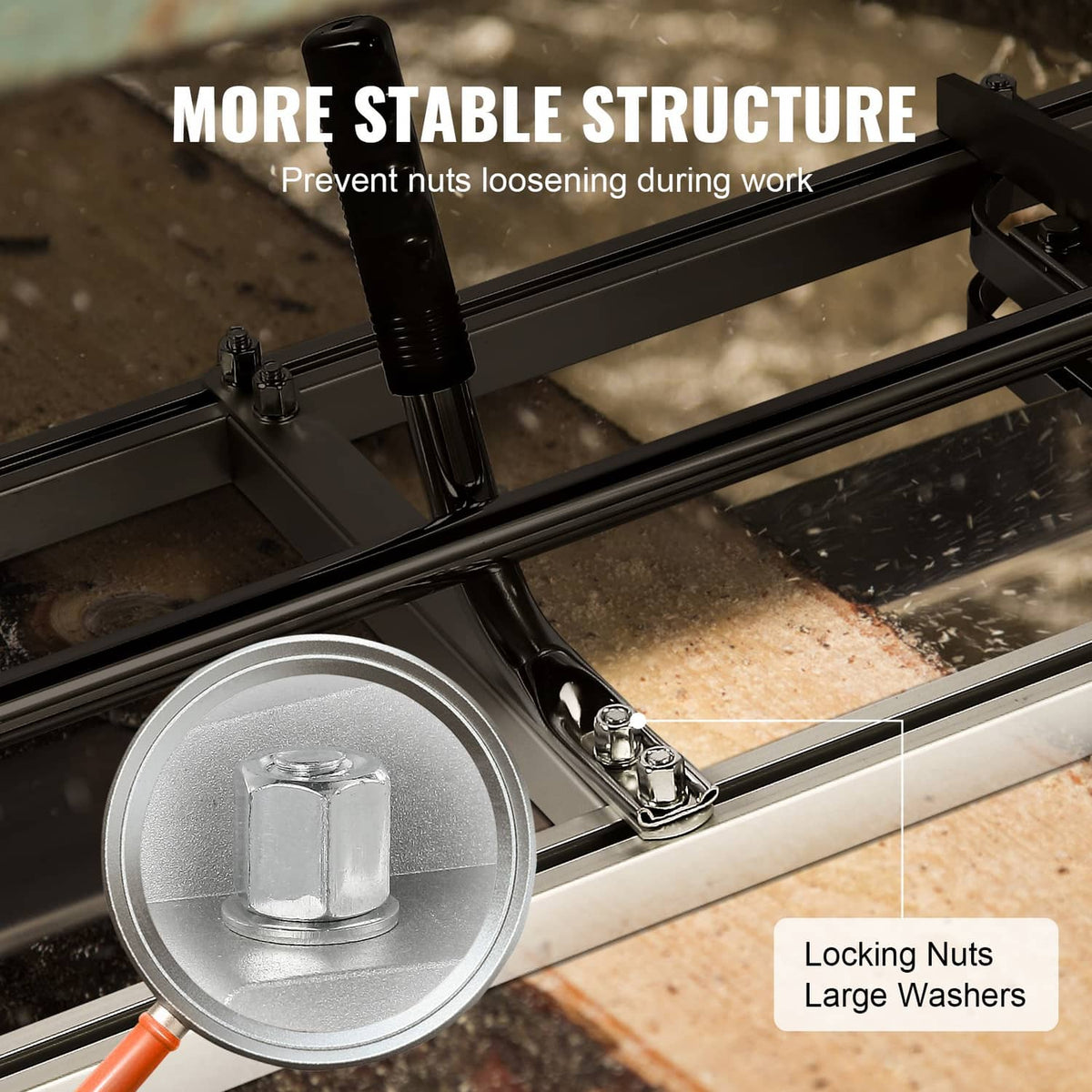 Chainsaw mill guide rail with locking nuts and large washers, silver metal