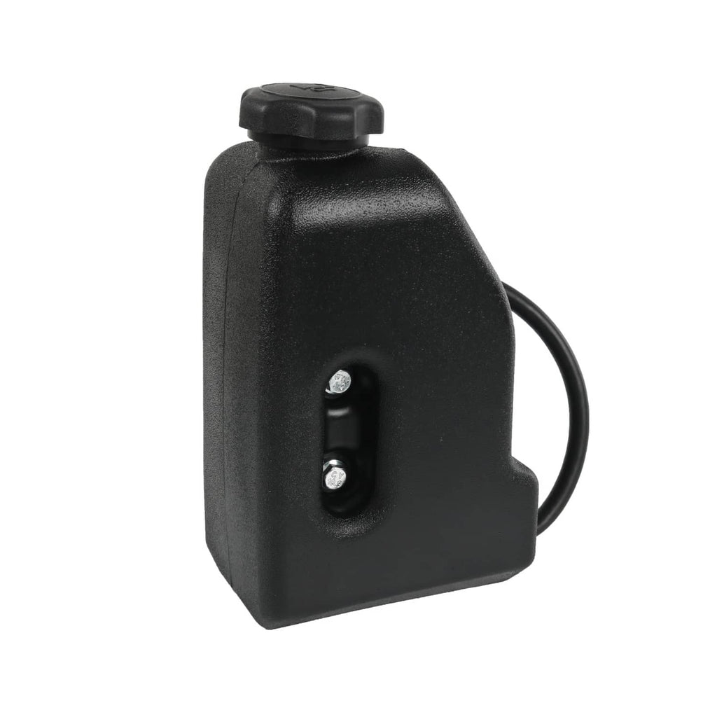 Fuel gas tank with mounting hole and black cap, close-up side view