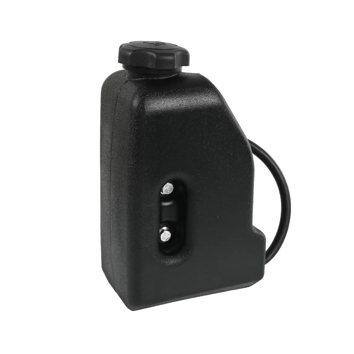 Fuel gas tank with mounting hole and black cap, close-up side view