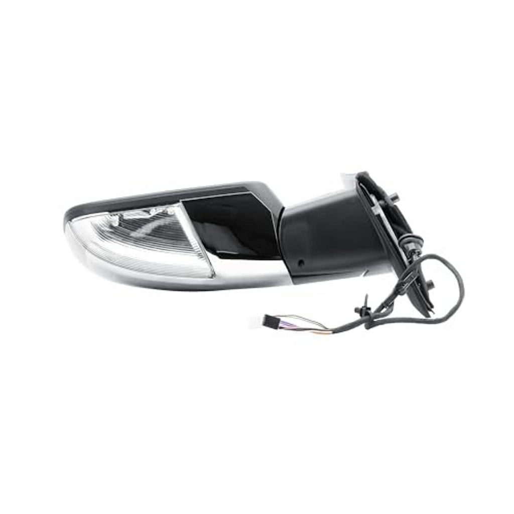 Driver-side door mirror with chrome edges and clear indicator lens