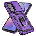 Rugged purple phone case with black bumper and ring kickstand, cutouts for cameras