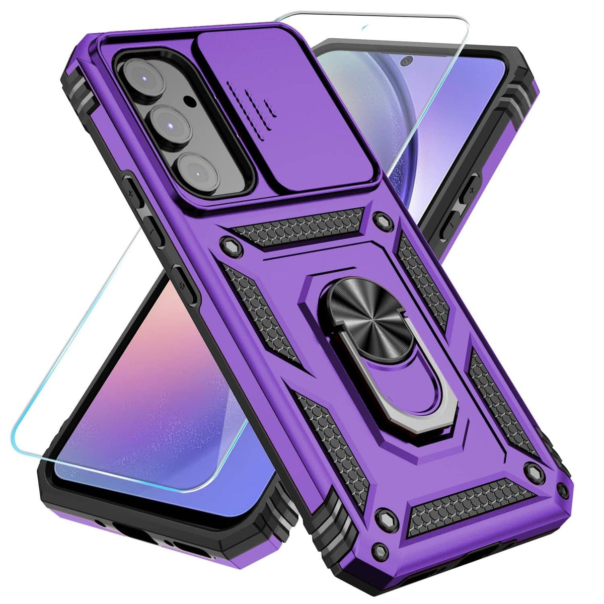 Rugged purple phone case with black bumper and ring kickstand, cutouts for cameras