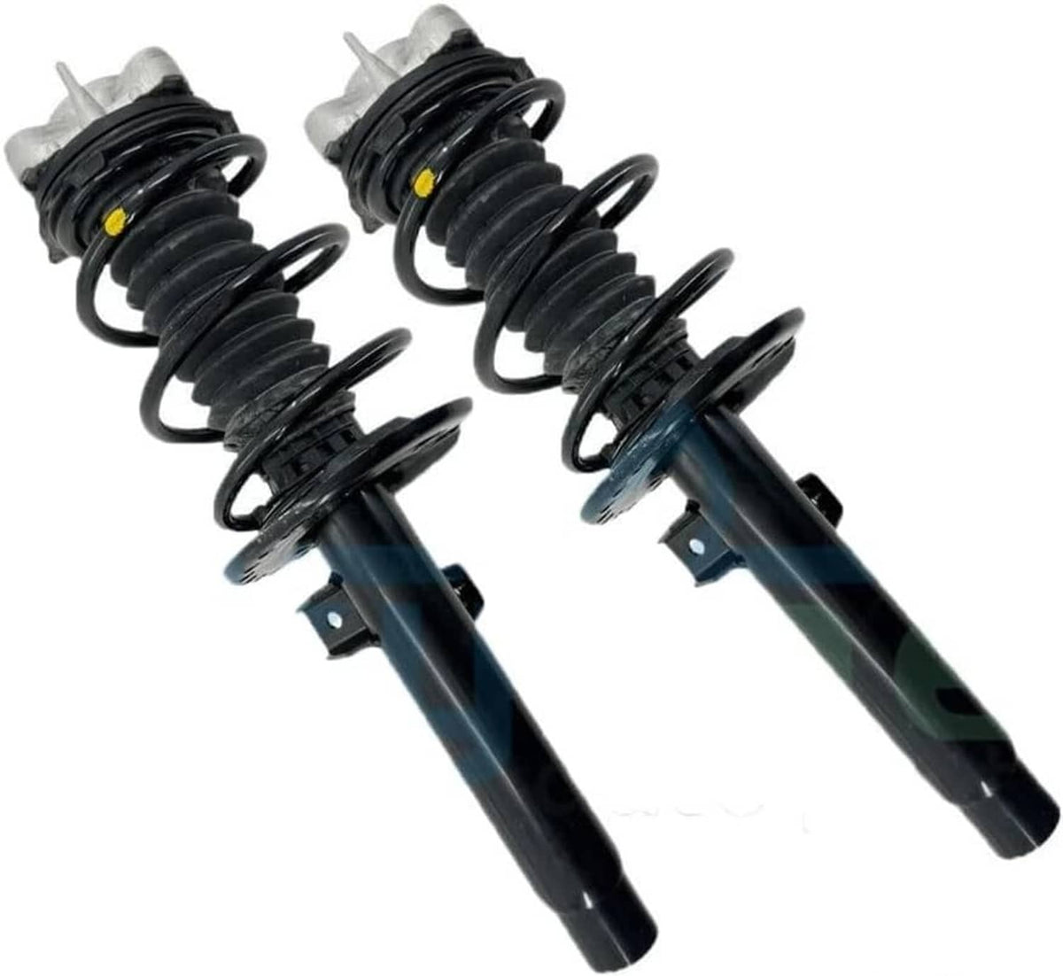 Front shock absorber strut assemblies with black coil springs and blue-tinted boots.