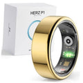 Gold smart ring with black screen, shown beside a white product box
