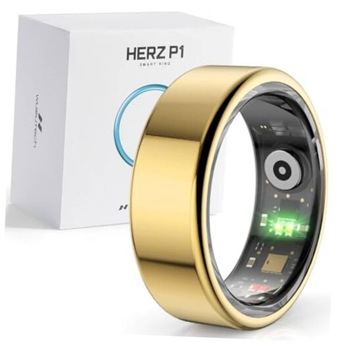 Gold smart ring with black screen, shown beside a white product box