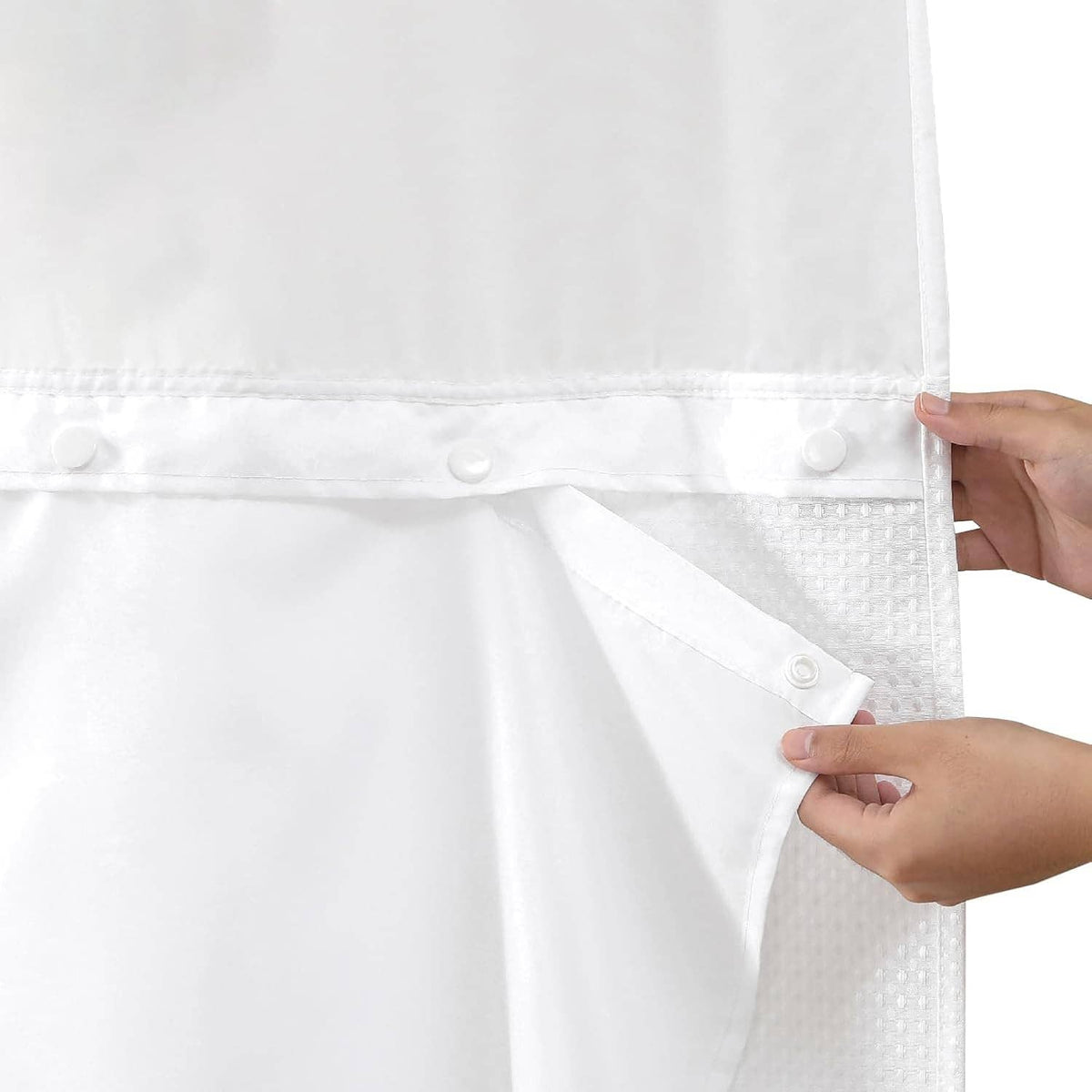 White snap-in shower curtain liner with snap buttons and mesh-like reinforcement strip