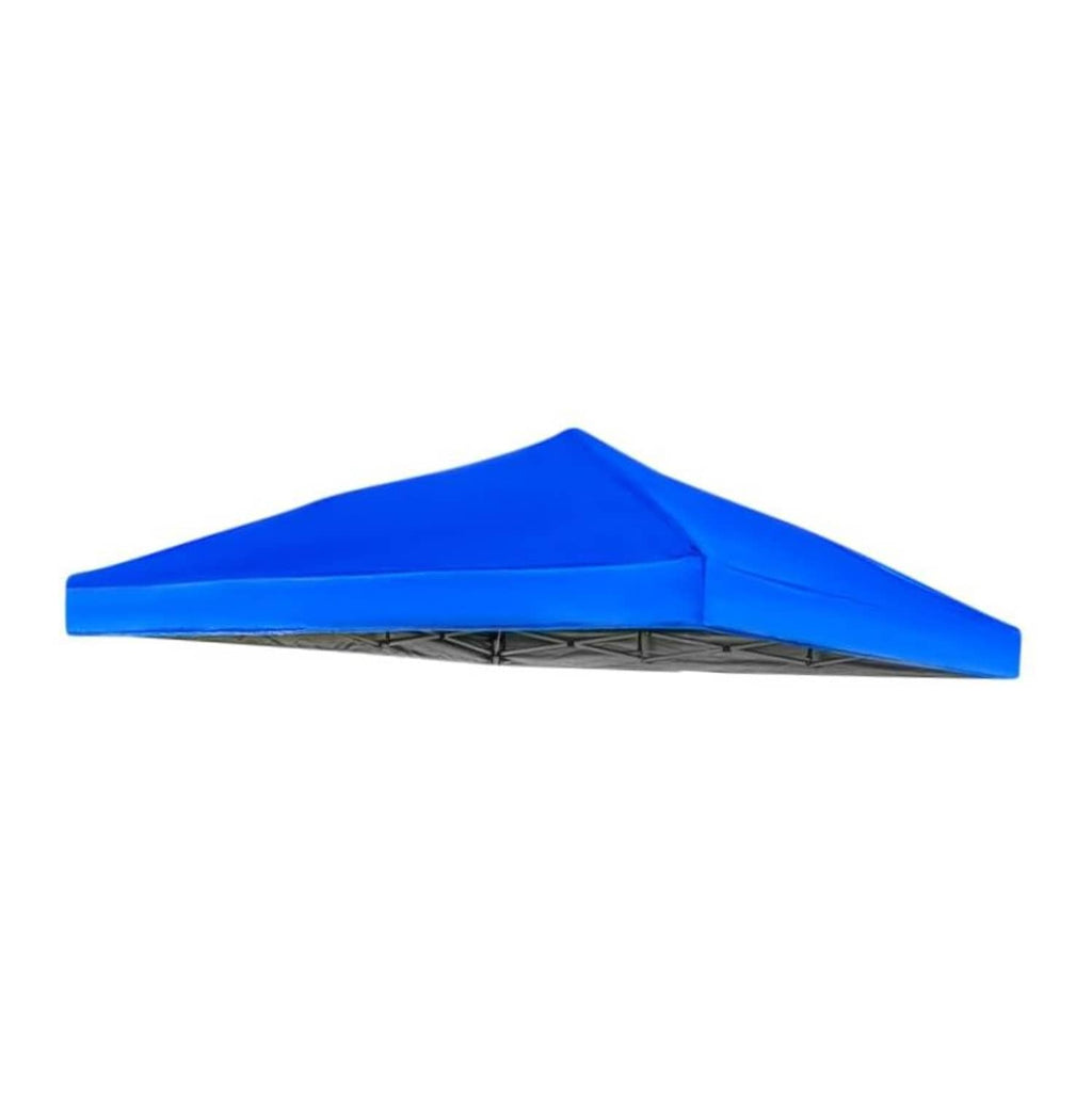Blue pop up canopy replacement top with slanted roof and black support ribs