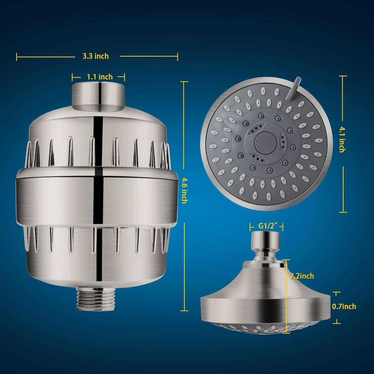Shower head with filter, round spray head with measurement labels and metal hose end