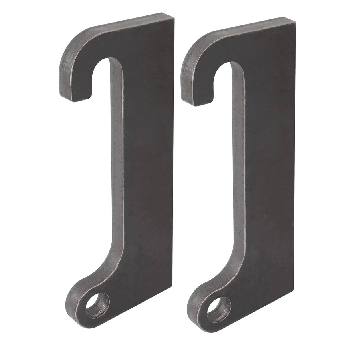 Pair of dark steel loader mount hooks with U cutouts and front bolt holes