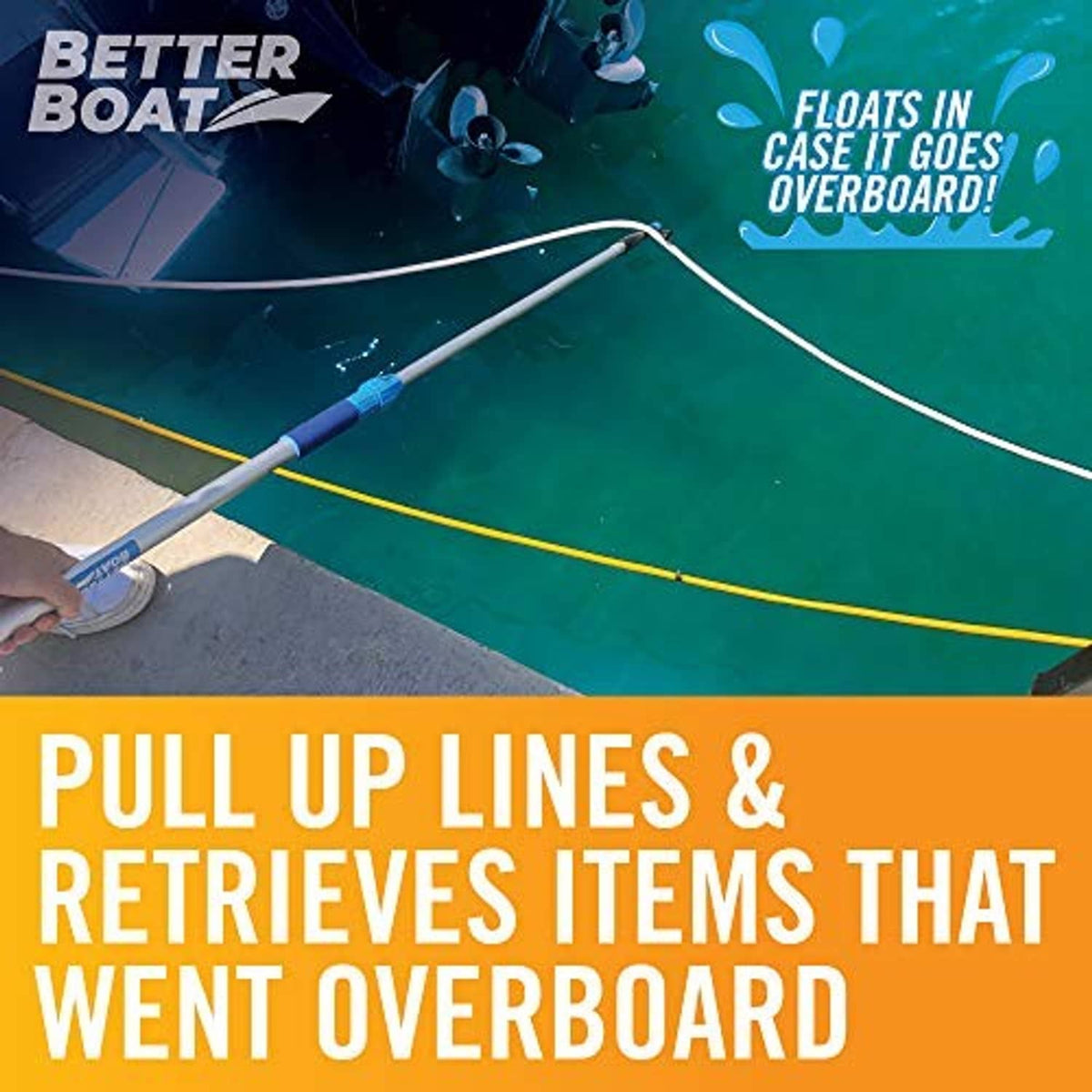 Telescoping boat hook pole with blue foam grip and floating line for retrieval