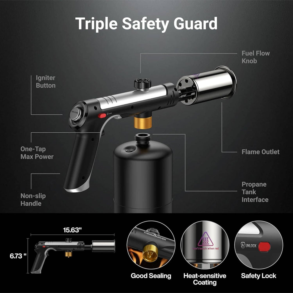 Propane torch with safety features: flame outlet, fuel knob, igniter button, safety lock