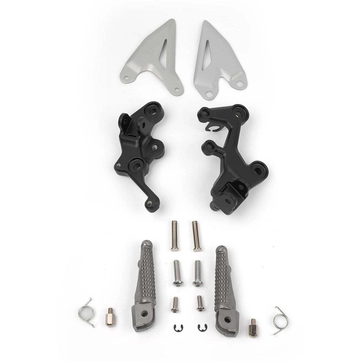 Motorcycle foot peg bracket kit components: black mounts, silver plates, springs, and pins