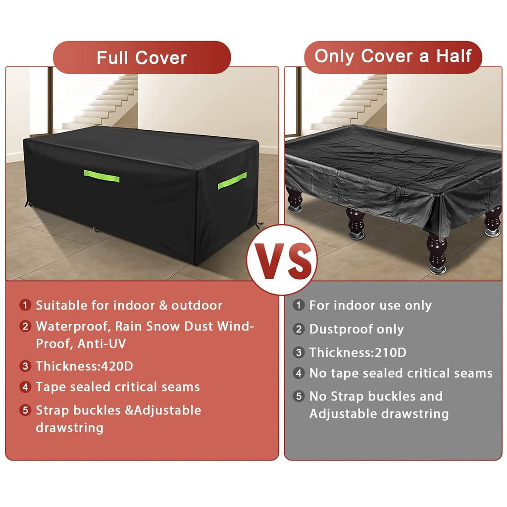 Black full-coverage pool table cover vs half-cover comparison with lime strap details