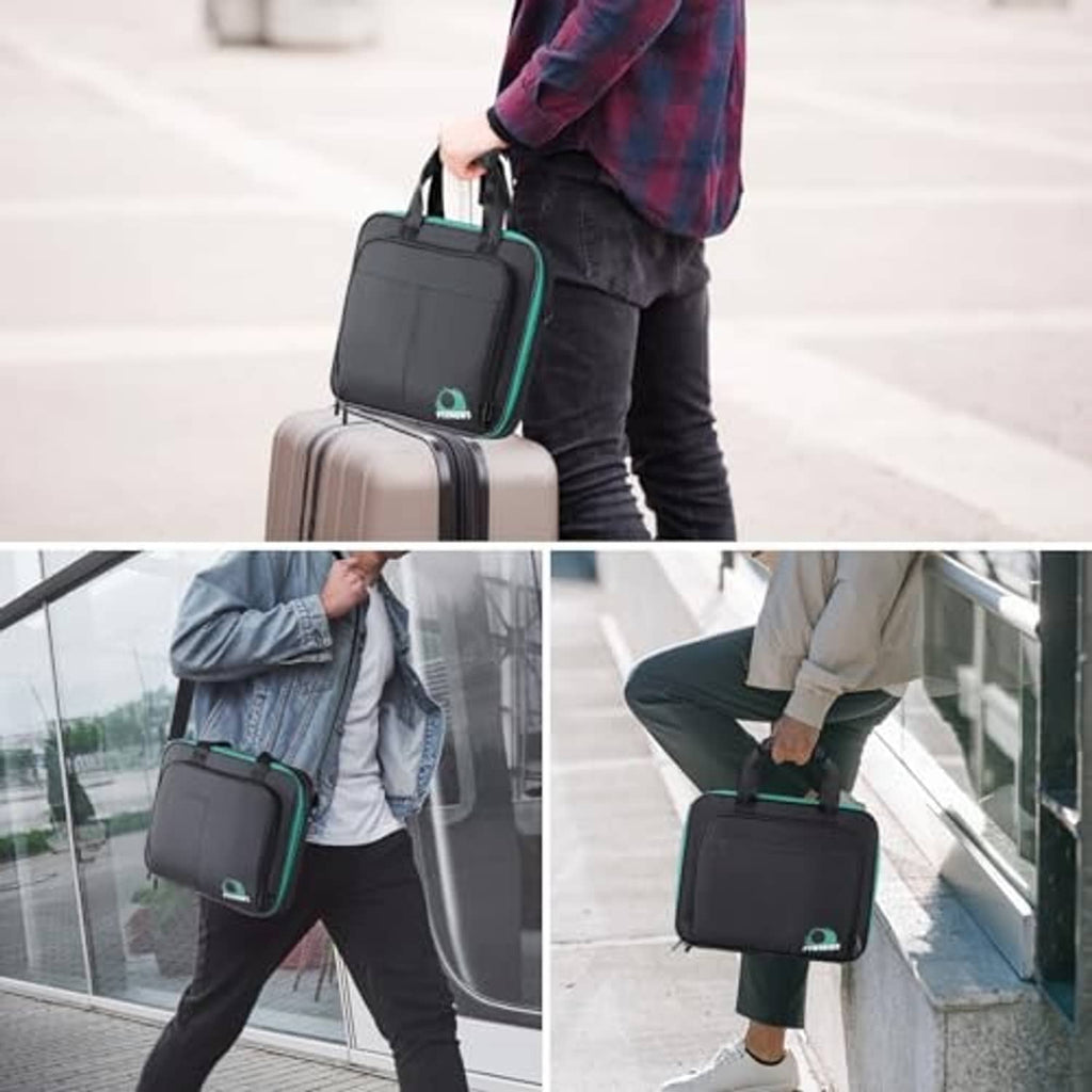 Padded pool ball carry bag on a person’s shoulder with top handle