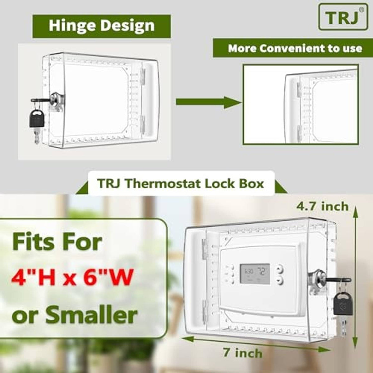 Thermostat lock box diagram showing hinged frame and key lock setup