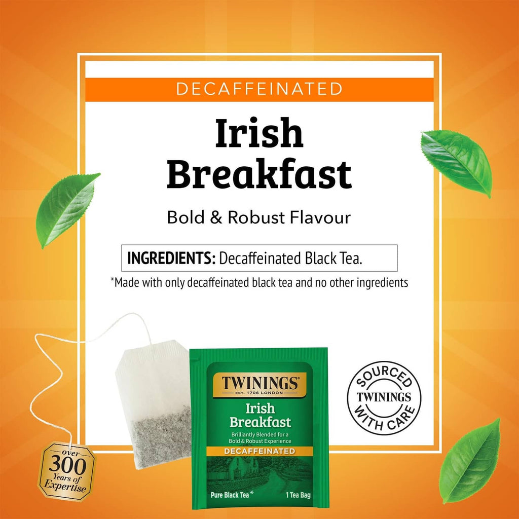 Decaffeinated Irish Breakfast tea box front, bold & robust flavor and ingredients