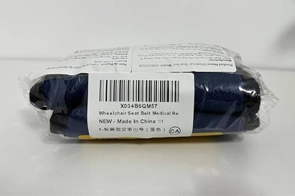 Wheelchair seatbelt restraint in sealed plastic with barcode label on package