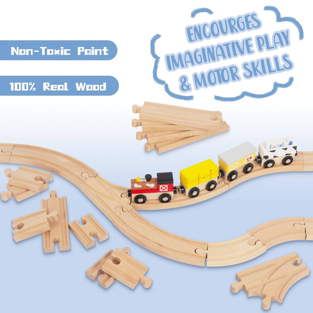 Light wood curved train track sections with interlocking peg connectors.