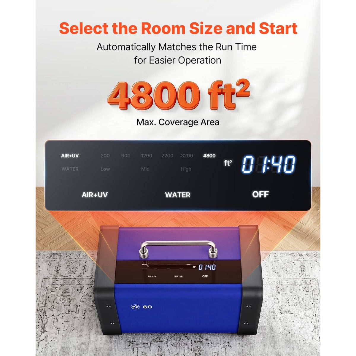 Blue ozone generator with front control panel showing timer and coverage settings
