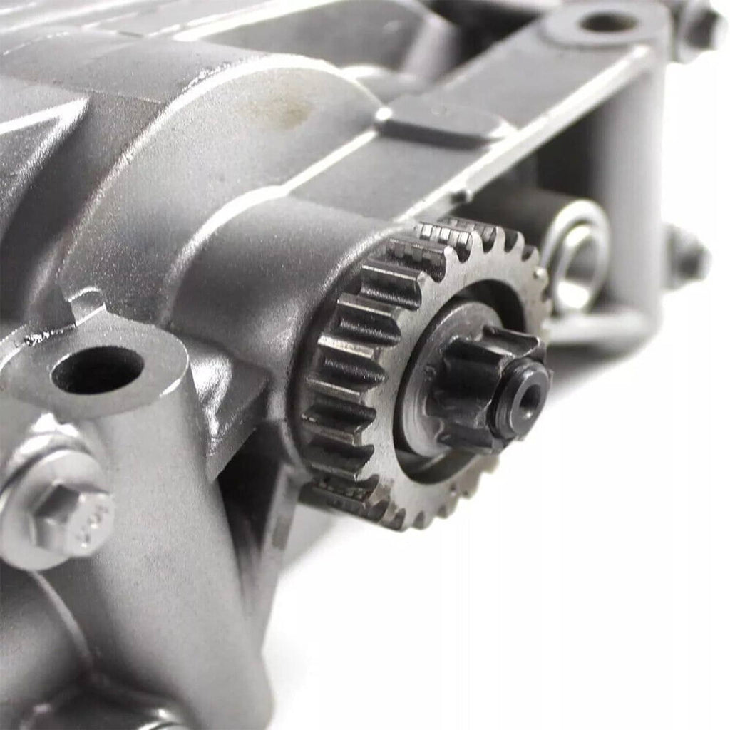 Engine shaft balance oil pump close-up of gear teeth and metal casting