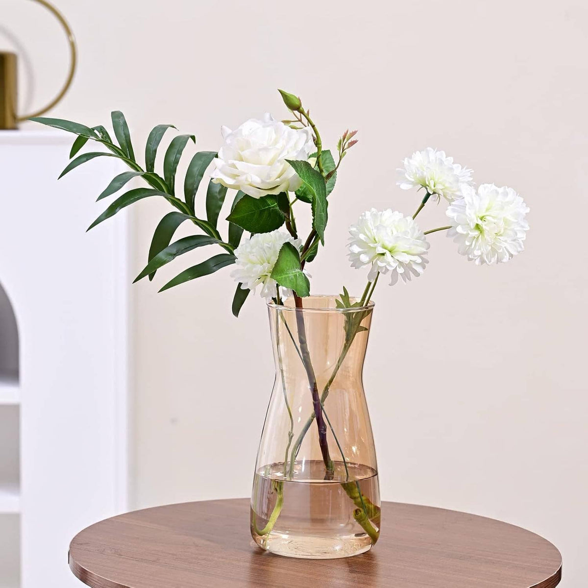 Clear crystal glass flower vase with gold iridescent hue, wide base and narrow neck
