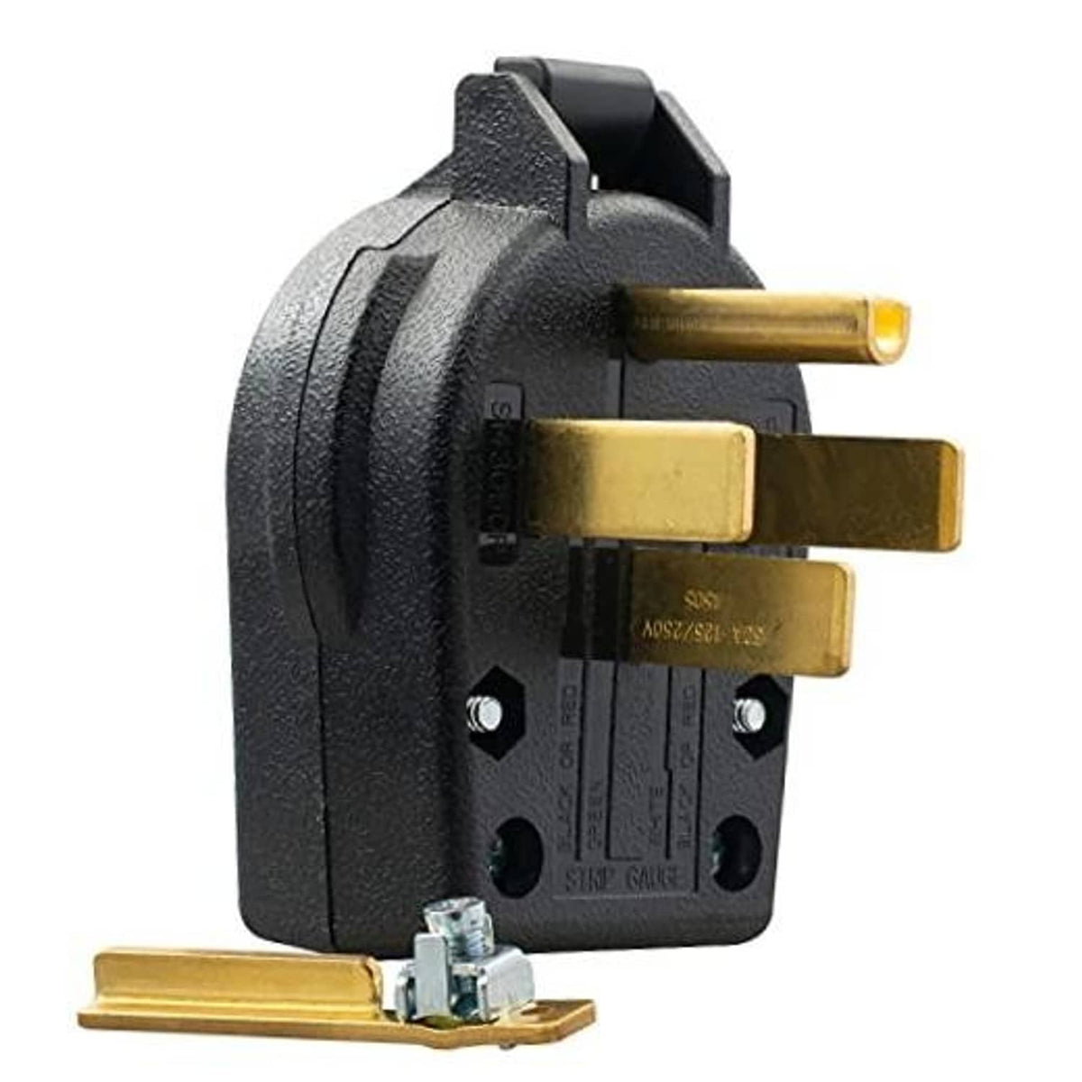 4-prong NEMA dryer/range plug with gold-toned blades and black housing