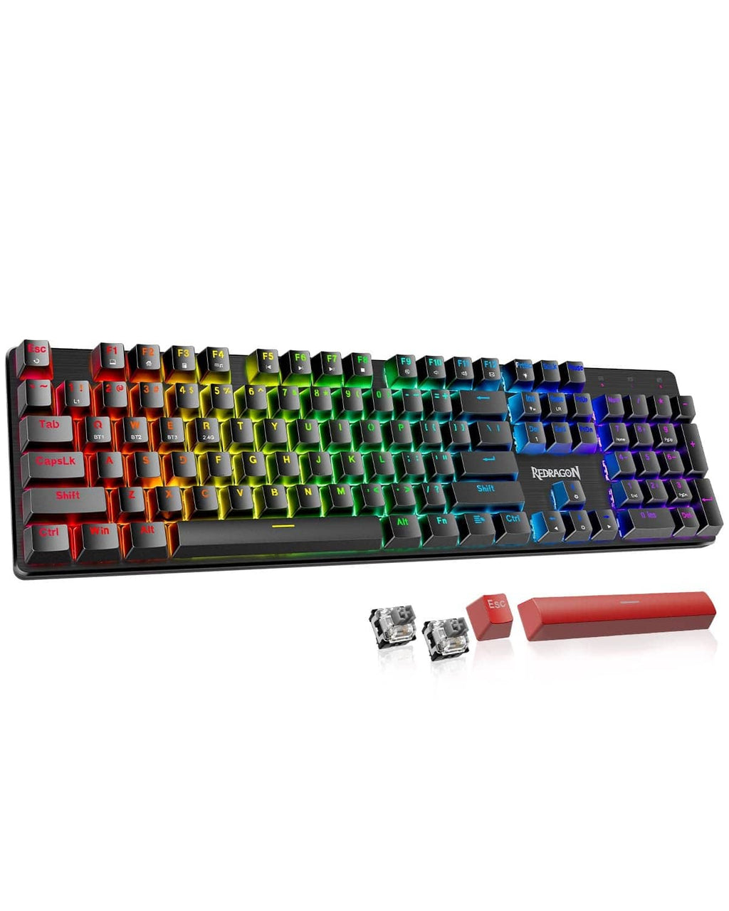 Redragon mechanical gaming keyboard, rainbow RGB backlit keys on black frame.