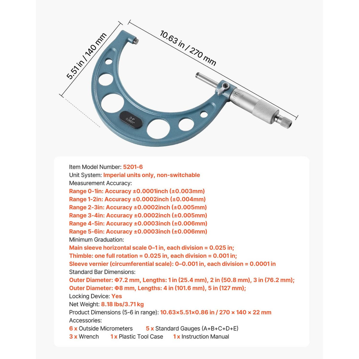 Uimoso outside micrometer with blue frame and silver thimble, labeled dimensions