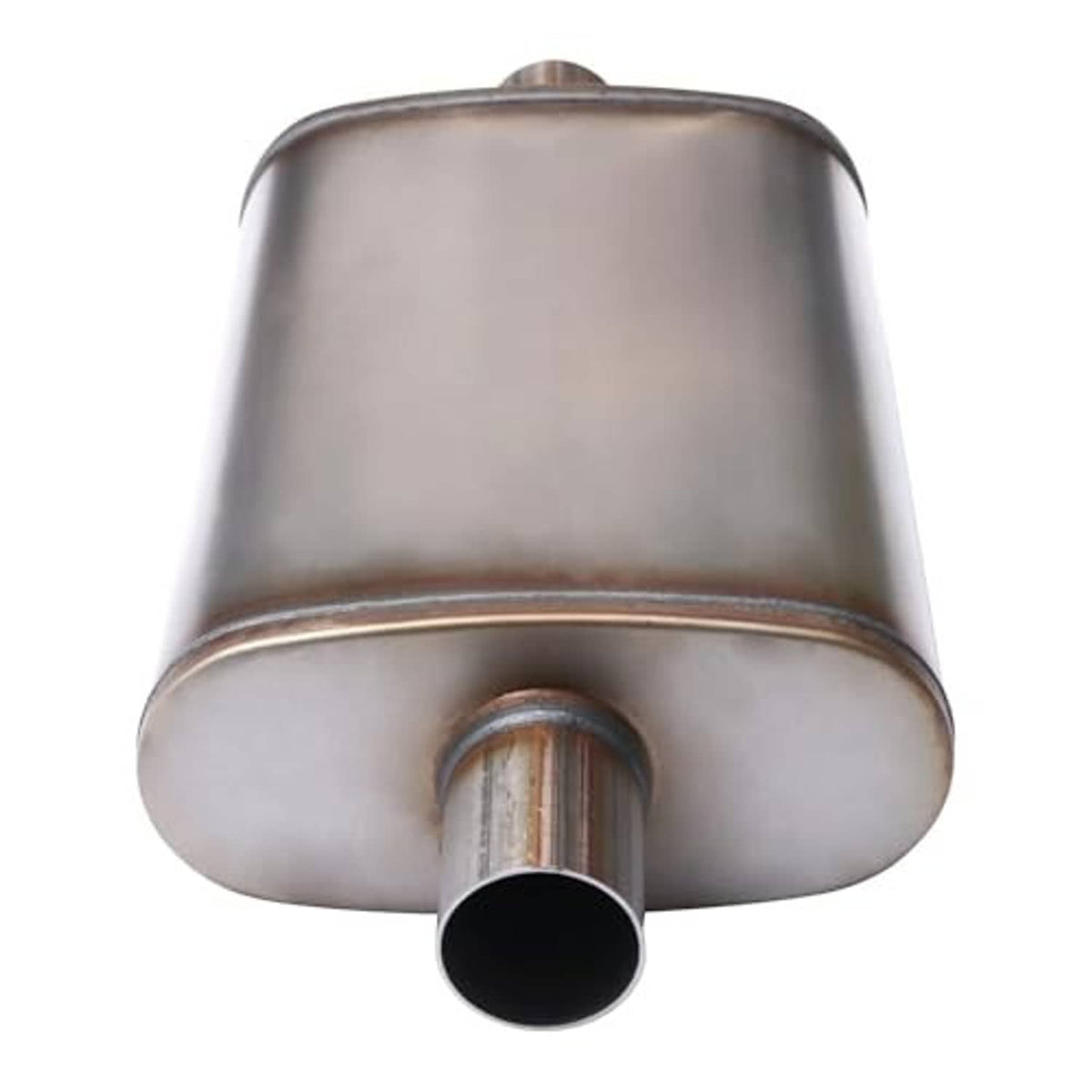 Stainless steel straight-through muffler with centered inlet neck and round outlet