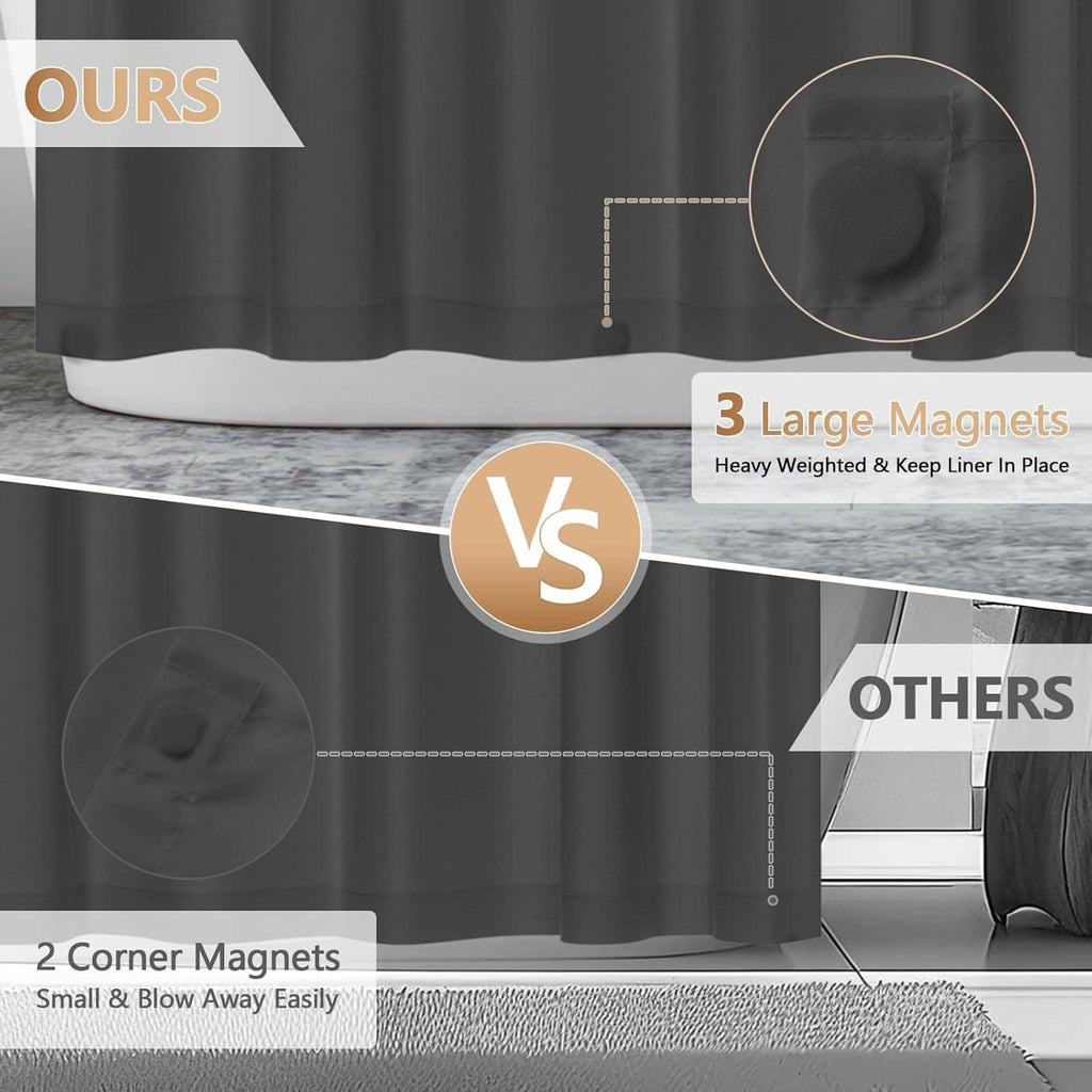 Charcoal gray shower curtain liner with three large built-in magnets