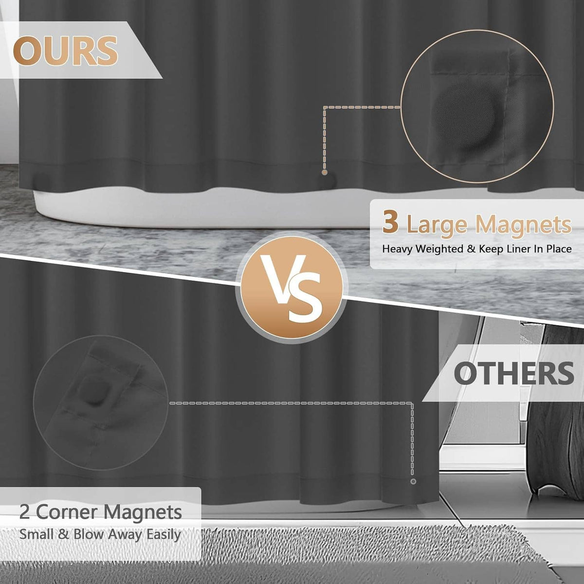 Charcoal gray shower curtain liner with three large built-in magnets
