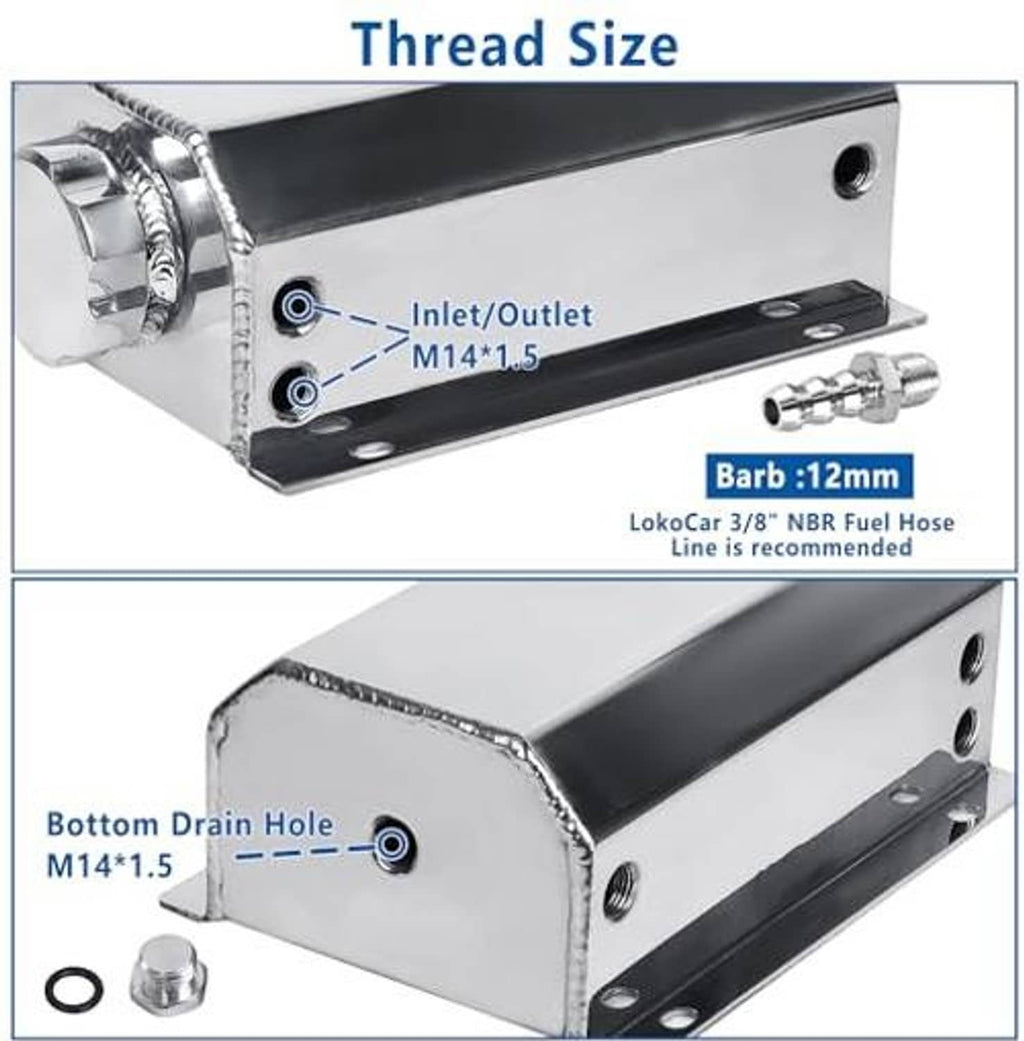Silver aluminum tank with threaded inlet/outlet ports and bottom drain hole
