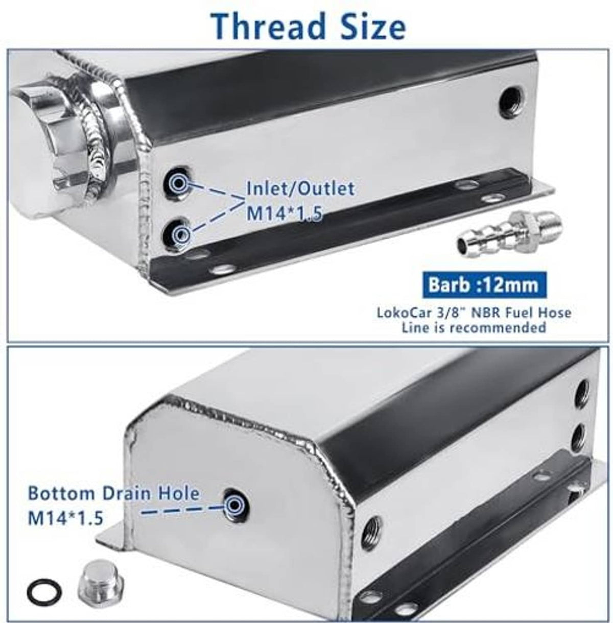 Silver aluminum tank with threaded inlet/outlet ports and bottom drain hole