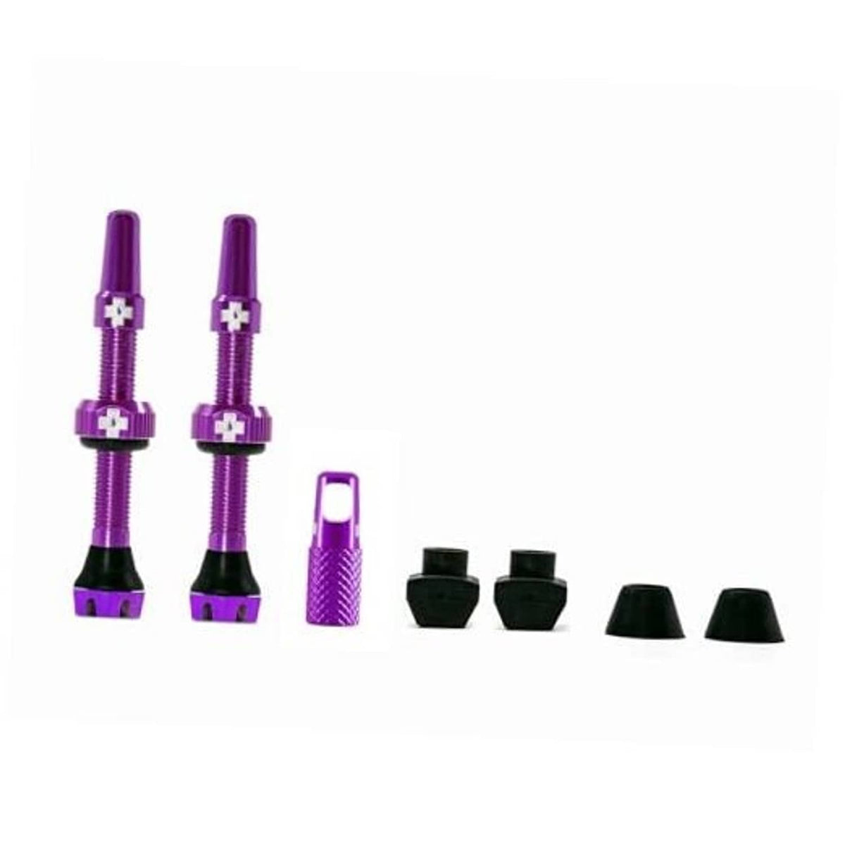 Purple Presta tubeless valve set with two valves, rubber bases, and spare caps