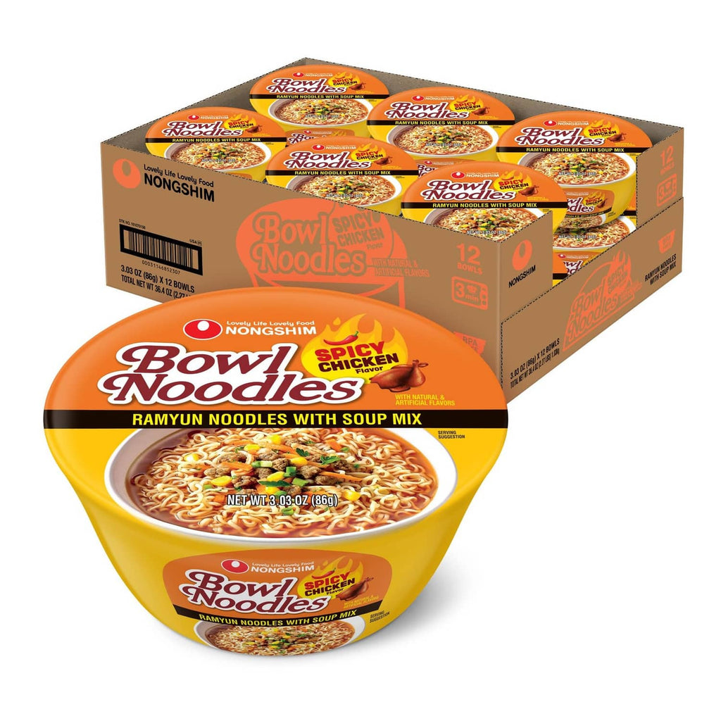 Nongshim Bowls spicy chicken noodle soup ramen cup and 12-pack box