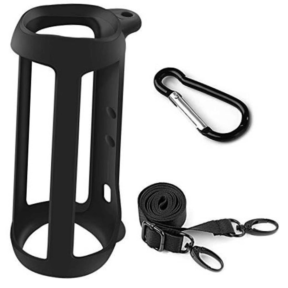Black silicone speaker protective case with handle cutout and carabiner strap