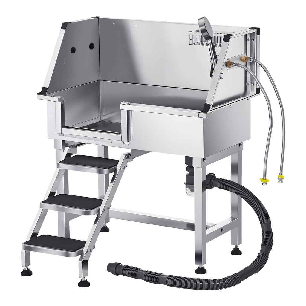 Stainless steel pet grooming tub with folding stairs and adjustable side faucet