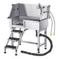 Stainless steel pet grooming tub with folding stairs and adjustable side faucet
