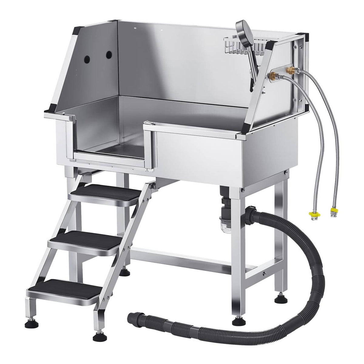 Stainless steel pet grooming tub with folding stairs and adjustable side faucet