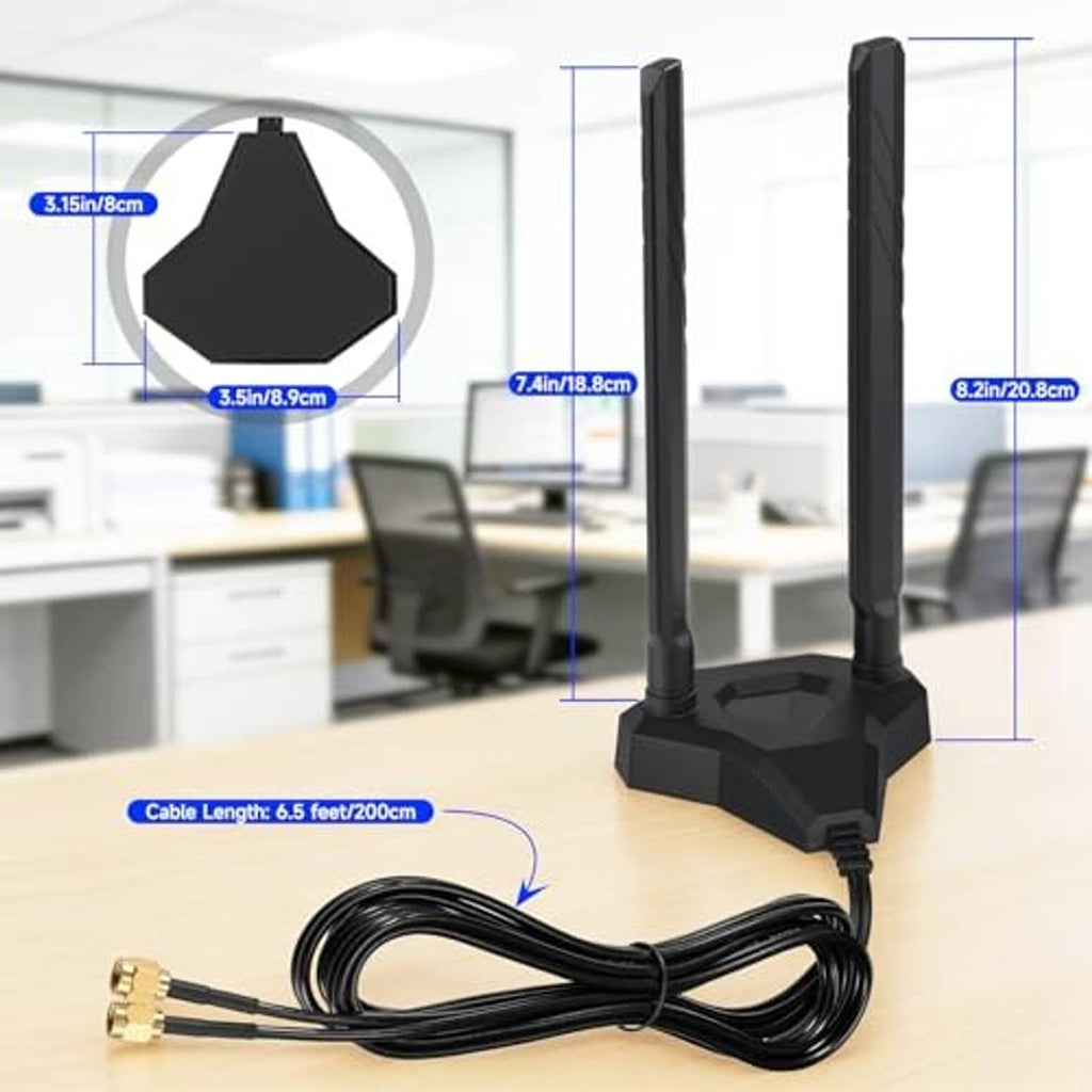 Two WiFi antennas with magnetic base and black coiled cable, product size view