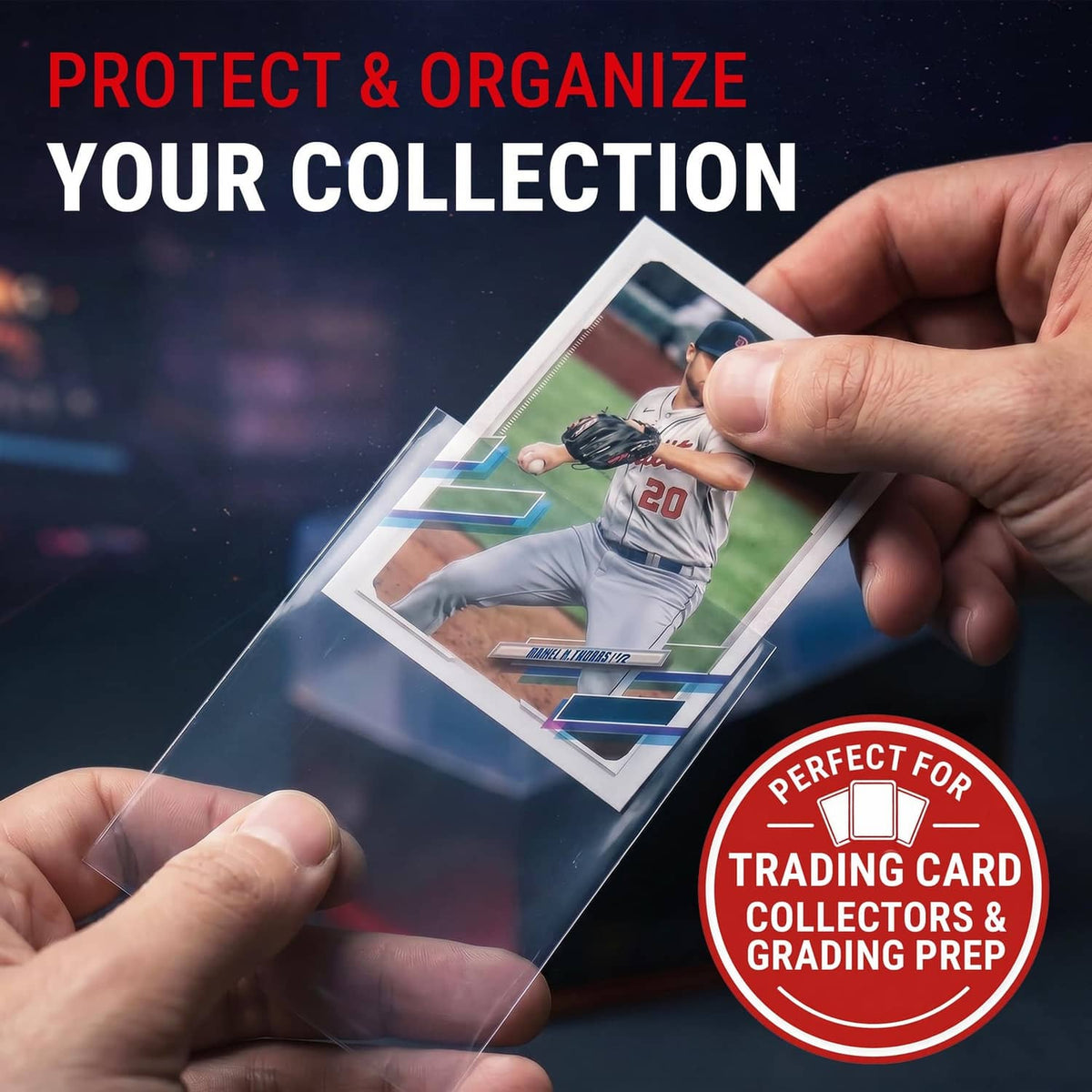 Clear Ultra Pro card sleeve being held over a trading card by two hands