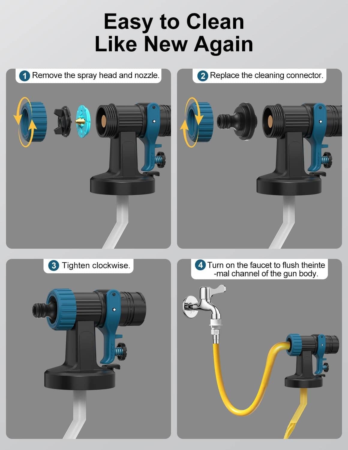 Electric paint sprayer with removable nozzle head and cleaning connector
