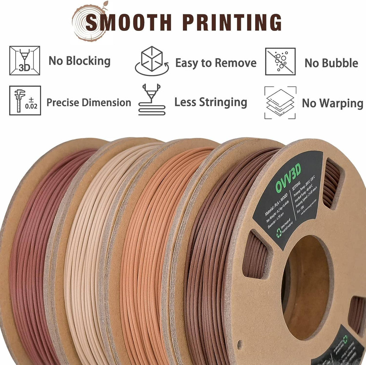 Wood PLA filament spool with layered wood-tone strands and spool core
