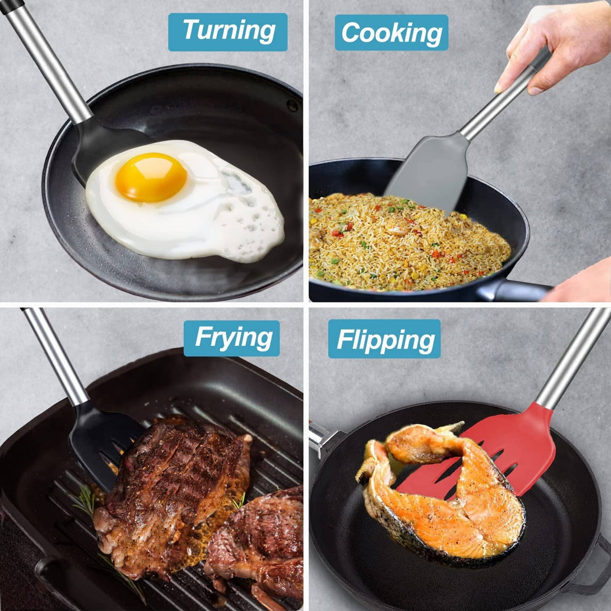 Black silicone spatulas with stainless handles showing turning, cooking, frying, flipping