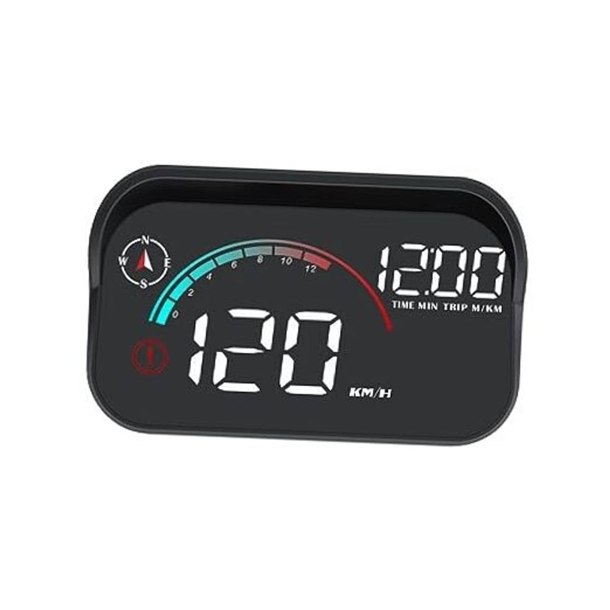 Black HUD speedometer display gauge with digital speed readout and compass indicator