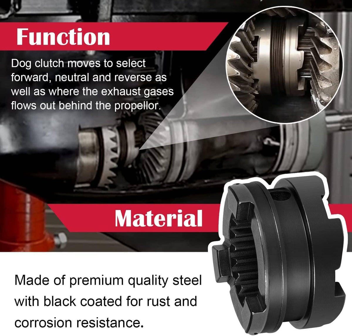 Black clutch dog with steel body and serrated edges for forward and reverse operation
