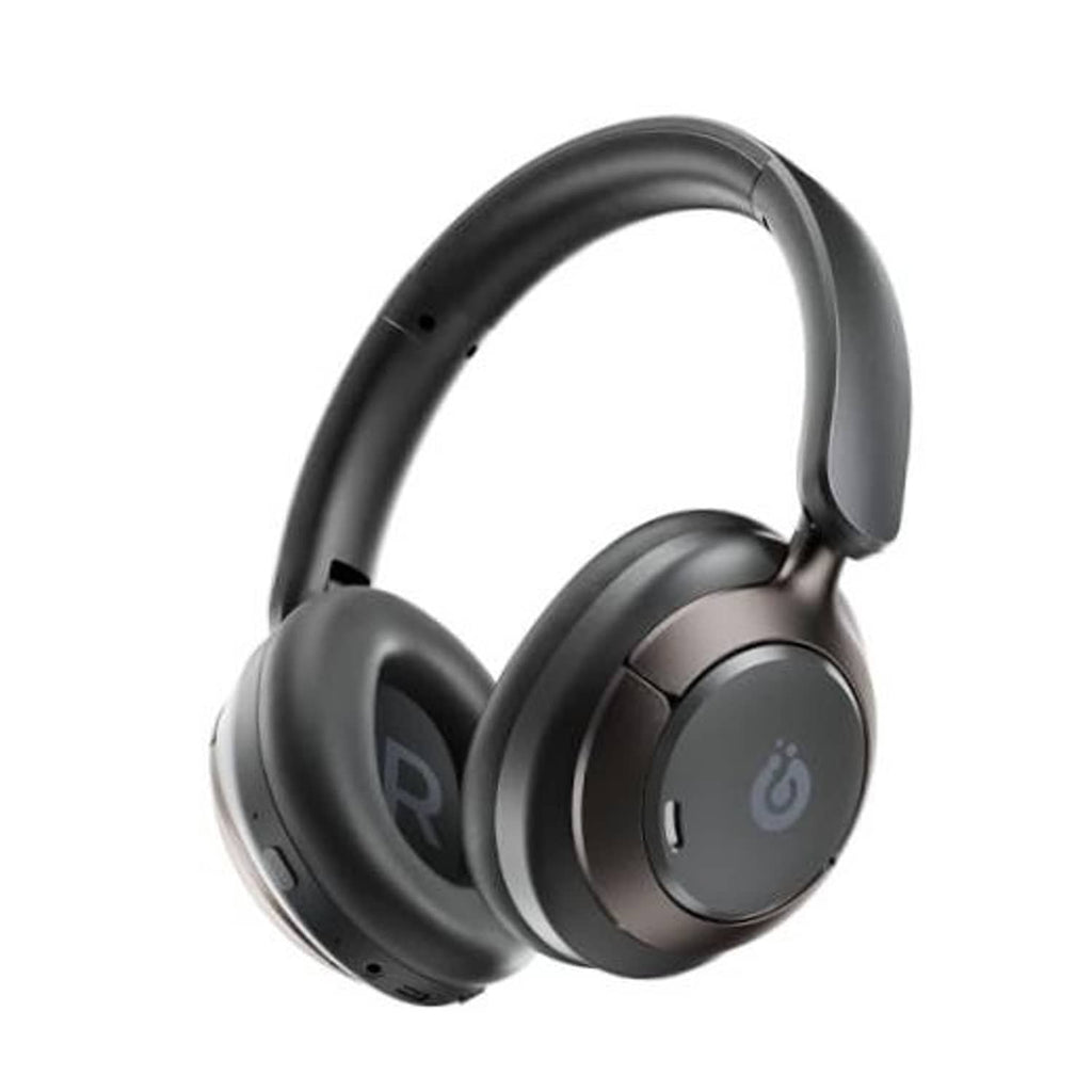 Black over-ear active noise cancelling headphones with cushioned earcups and headband