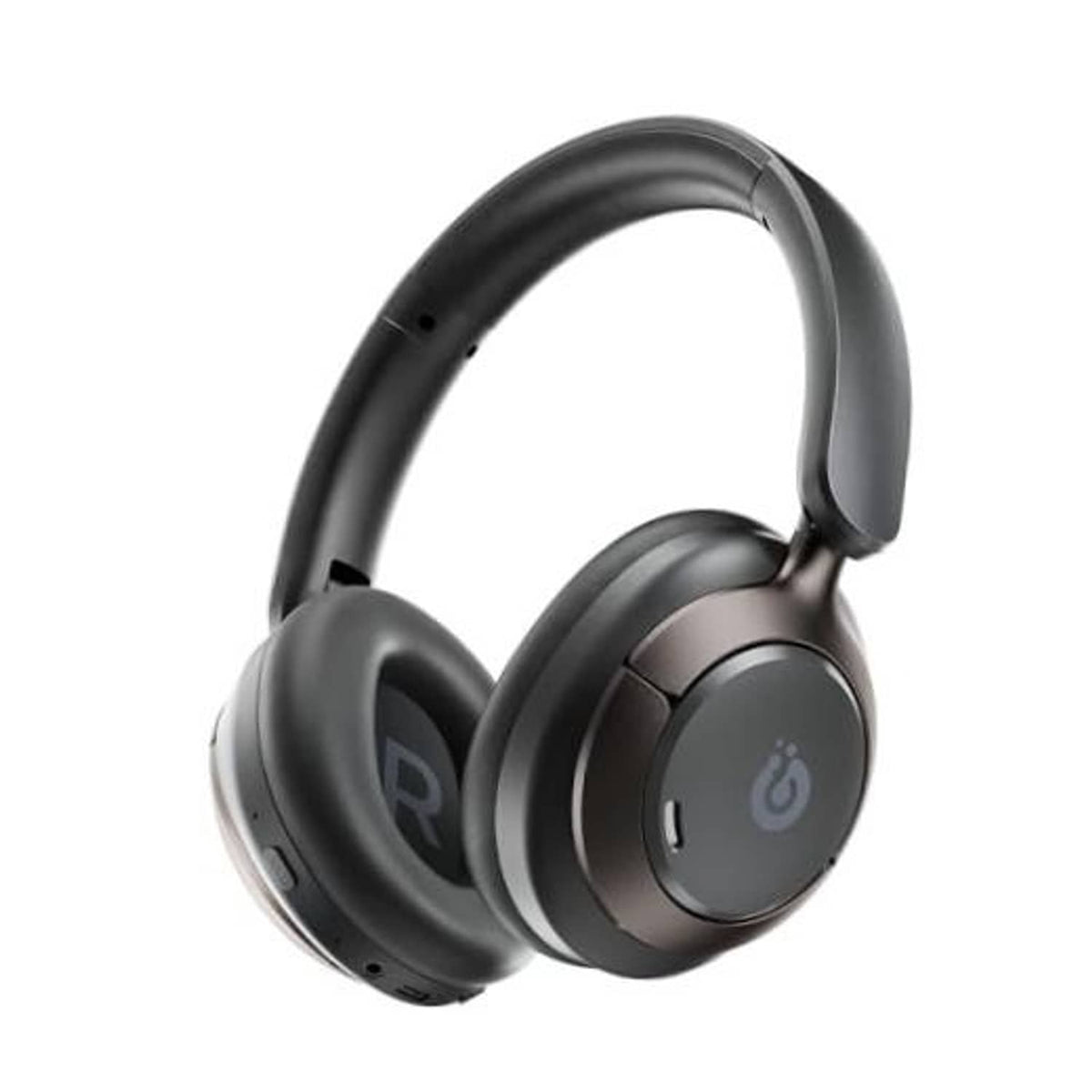 Black over-ear active noise cancelling headphones with cushioned earcups and headband